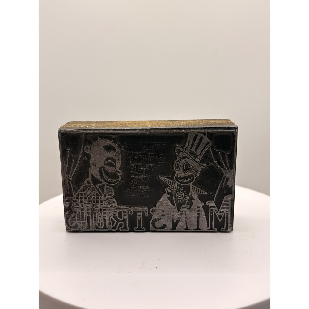 Vintage Wood Mounted Metal Printing Block Minstrels Theatrical Relief 3.5x2.5